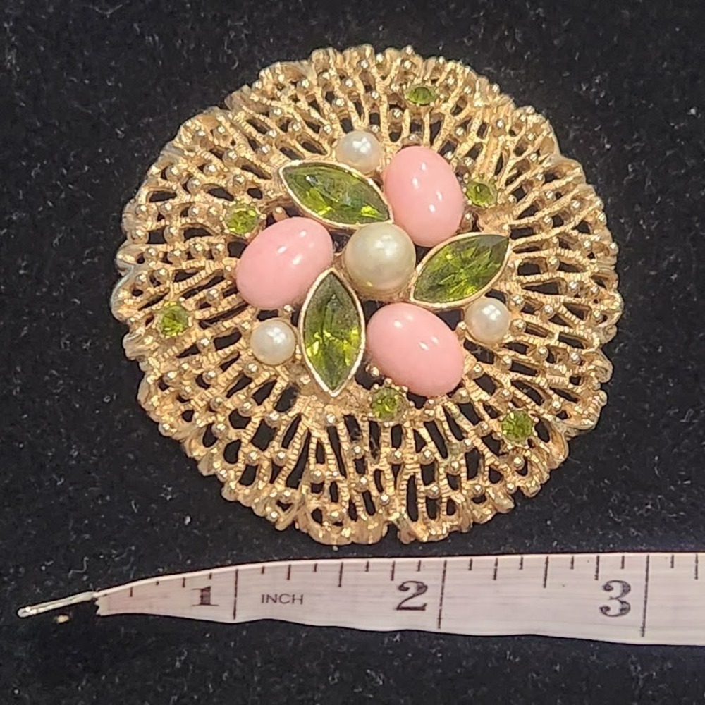 Vintage Sarah Coventry Brooch Green Rhinestone Pink Egg Fashion Splendor‎ Pin - Picture 4 of 6
